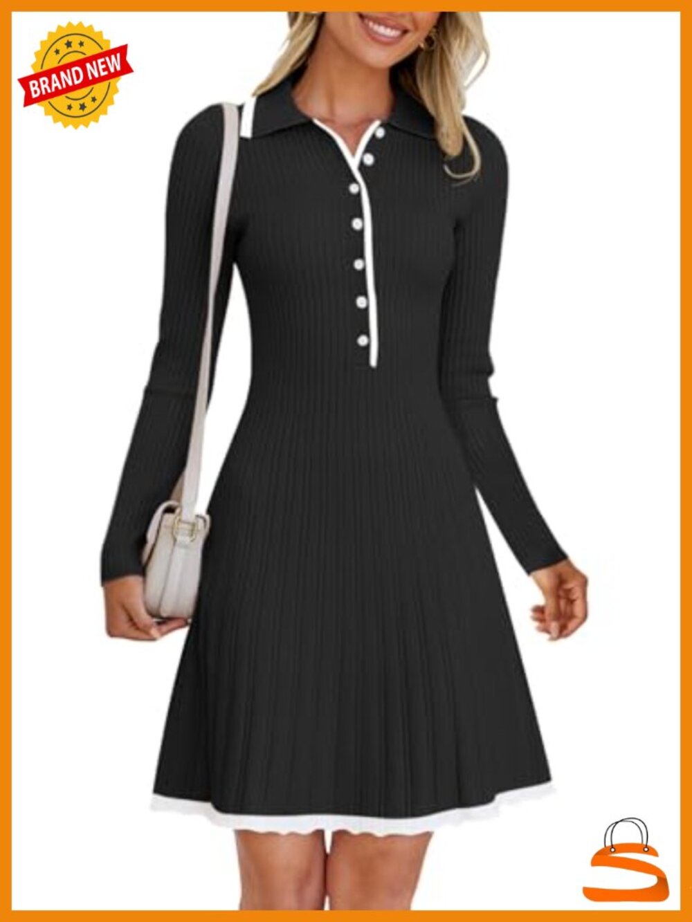 Ribbed Knit Pleated Mini Sweater Dress Long Sleeve V-Neck Work